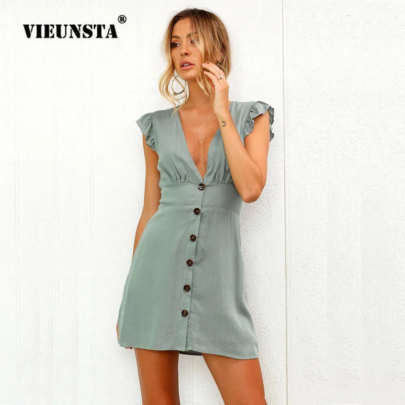 VIEUNSTA Sexy Deep V Neck Button Slim Women Dress 2018 Summer Sleeveless Ruffles Mini Dresses Elegant Beach Tunic Solid Sundress
VIEUNSTA Sexy Deep V Neck Button Slim Women Dress 2018 Summer Sleeveless Ruffles Mini Dresses Elegant Beach Tunic Solid Sundress