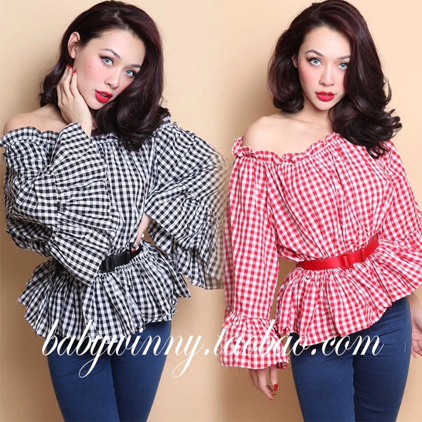 Фото FREE SHIPPING 2016 Spring New Vintage Plaid Strapless Exaggerated Flare Sleeve Striped Women Short Loose Cotton T Shirt | Женская одежда