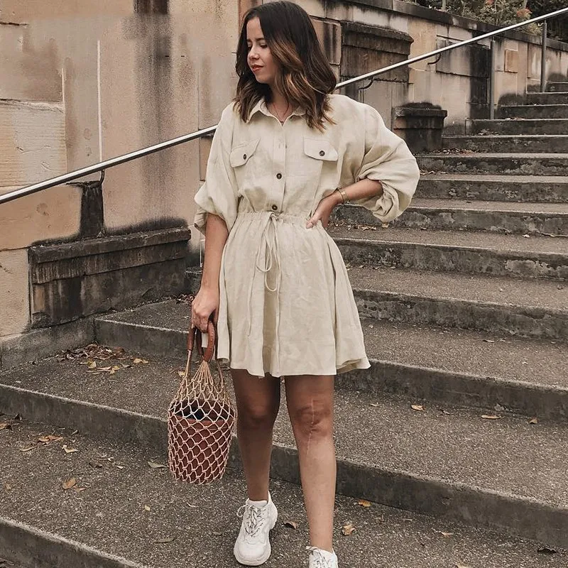 Vintage Lantern Sleeve Button Work Dress Women Turndown Collar Linen Casual Dress Solid Waist Lace Up Mini Dress
Vintage Lantern Sleeve Button Work Dress Women Turndown Collar Linen Casual Dress Solid Waist Lace Up Mini Dress