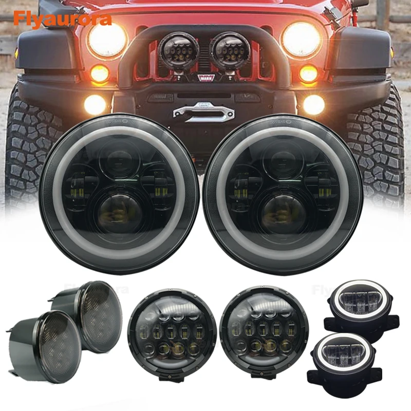 7 LED headlights DRL+7inch Worklight+ 4" Fog Lights Halo Ring + Front Fender & Grille Turn Signal Lamps For Jeep Wrangler JK JKU |