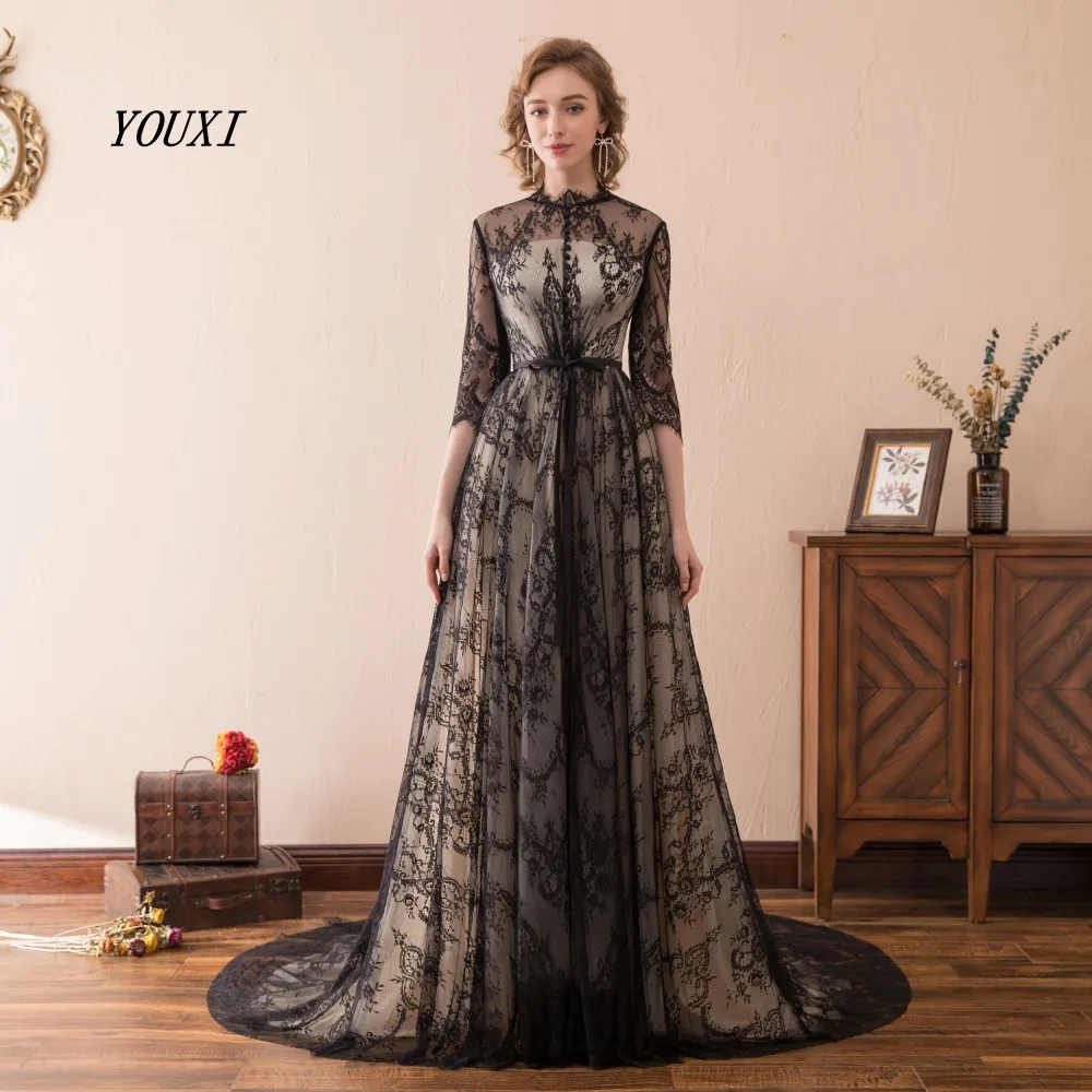 Elegant Black Lace Evening Dresses 2019 O-Neck Three Quarter Sleeves Floor Length Sweep Train Formal Prom Gowns
Elegant Black Lace Evening Dresses 2019 O-Neck Three Quarter Sleeves Floor Length Sweep Train Formal Prom Gowns