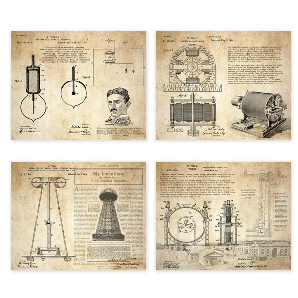 Vintage patent art prints 4 in 1 on Nikola Tesla coil turbine lamp tower patent parchment paper style unframed
Vintage patent art prints 4 in 1 on Nikola Tesla coil turbine lamp tower patent parchment paper style unframed