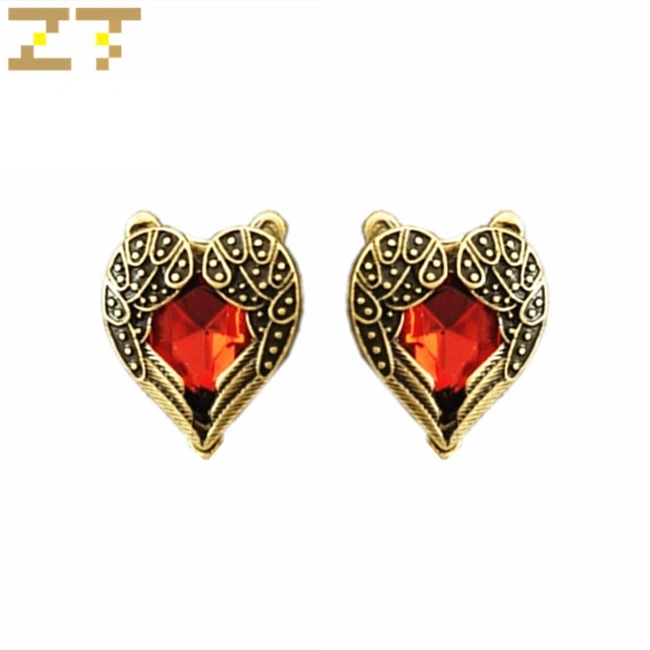 

Hot Sale Bronze Vintage Peach Heart Shaped Red Crystal Semi-precious Stone Angel Wings Stud Earrings for Women Jewelry Brincos