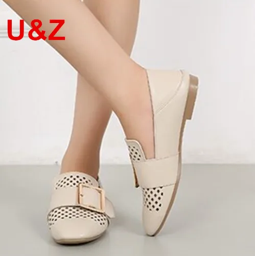 

Breathable hollow out Loafer shoes Apricot/white leather,Lovely Round/Square buckle shoes women,Stylish Casual Flat Daily shoes