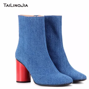 Fashion Woman Jean Blue Block High Heel Cowboy Boots With Zipper Ladies Pointed Toe Winter Fall Ankle Boots With Red Mid Heel
Fashion Woman Jean Blue Block High Heel Cowboy Boots With Zipper Ladies Pointed Toe Winter Fall Ankle Boots With Red Mid Heel