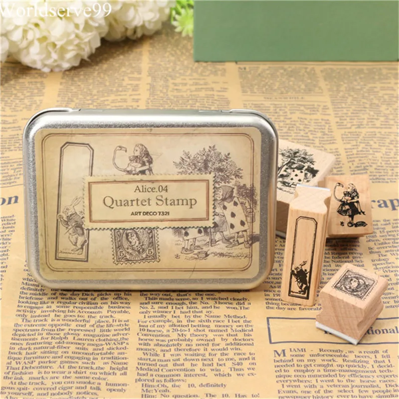 4pcs/set Vintage Alice NO.04 Blocks Craved Wooden Rubber Stamp Tin Box Fairy Tale Series Stamper Craft Scrapbooking DIY 
4pcs/set Vintage Alice NO.04 Blocks Craved Wooden Rubber Stamp Tin Box Fairy Tale Series Stamper Craft Scrapbooking DIY