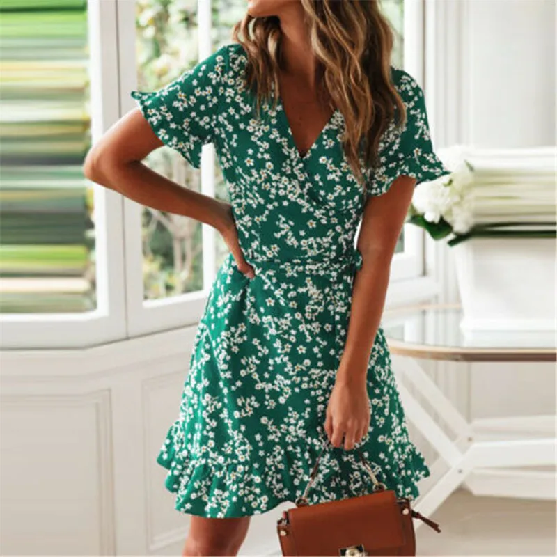 Women Short Sleeve Wrap Dress Boho Floral Printed Mini Dress Ladies Summer Sundress Female Ruffles Holiday Boho Dresses Vestidos
Women Short Sleeve Wrap Dress Boho Floral Printed Mini Dress Ladies Summer Sundress Female Ruffles Holiday Boho Dresses Vestidos