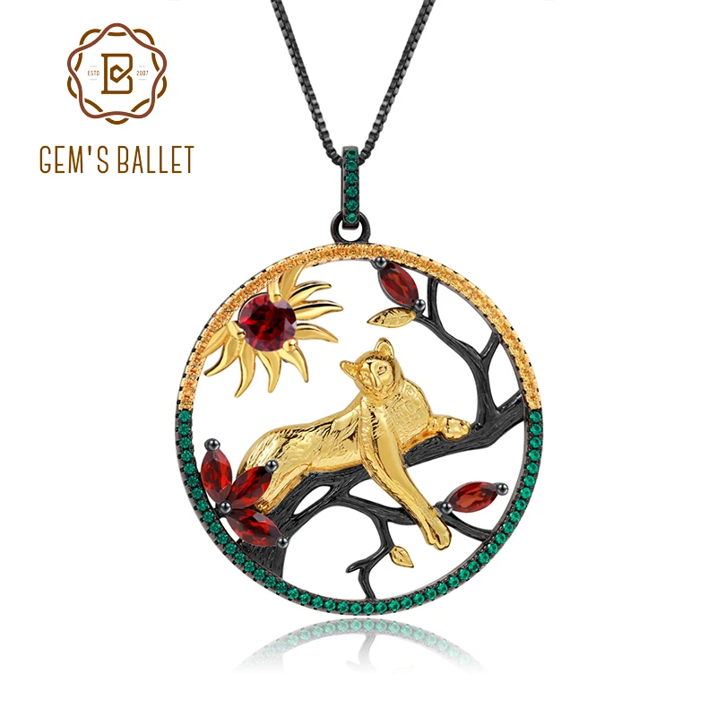

GEM'S BALLET 1.64Ct Natural Red Garnet Handmade Leopard on the Tree Pendant Necklace 925 Sterling Silver Fine Jewelry For Women
