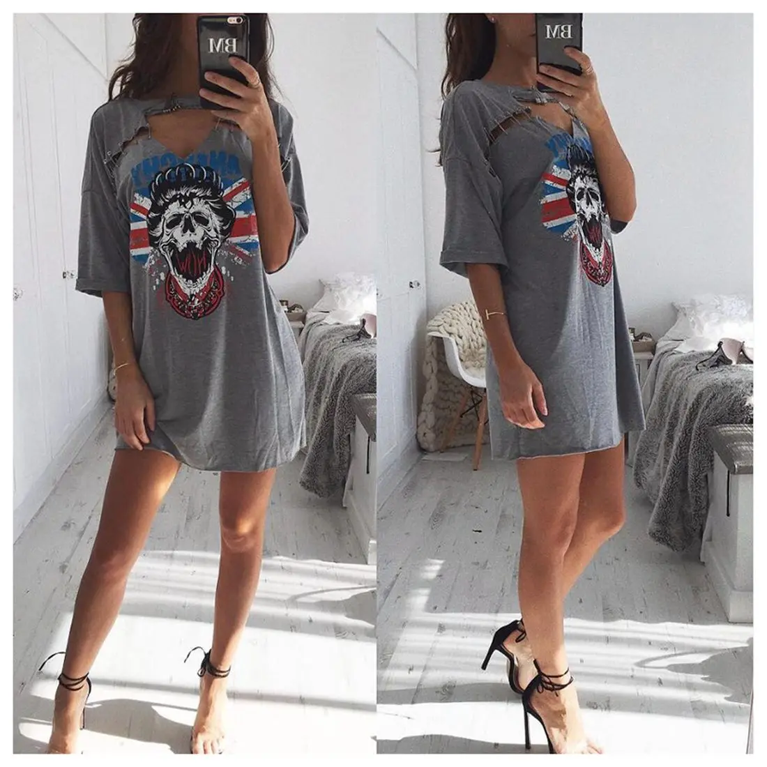 Women's Printed T-shirt Dress Sexy Casual Hollow Out Half Sleeves deep V-neck Dress Skull printed Summer Pins Mini Dress
Women's Printed T-shirt Dress Sexy Casual Hollow Out Half Sleeves deep V-neck Dress Skull printed Summer Pins Mini Dress