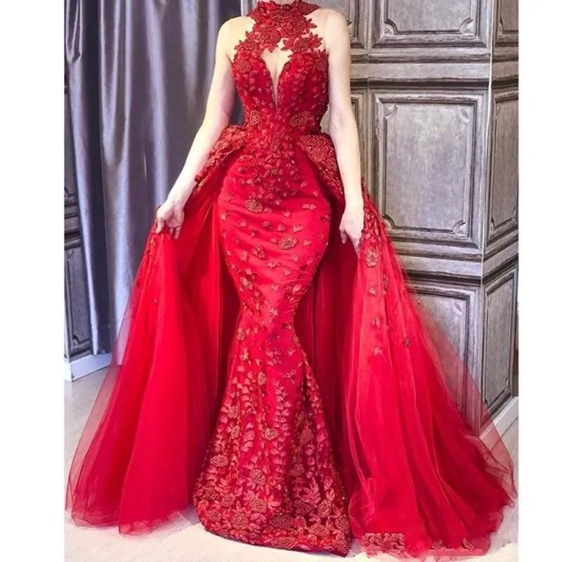 Gorgeous Red Mermaid Evening Dresses With Overskirts Lace Appliques High Neck Prom Gowns Sleeveless Dubai Women Formal Wear
Gorgeous Red Mermaid Evening Dresses With Overskirts Lace Appliques High Neck Prom Gowns Sleeveless Dubai Women Formal Wear