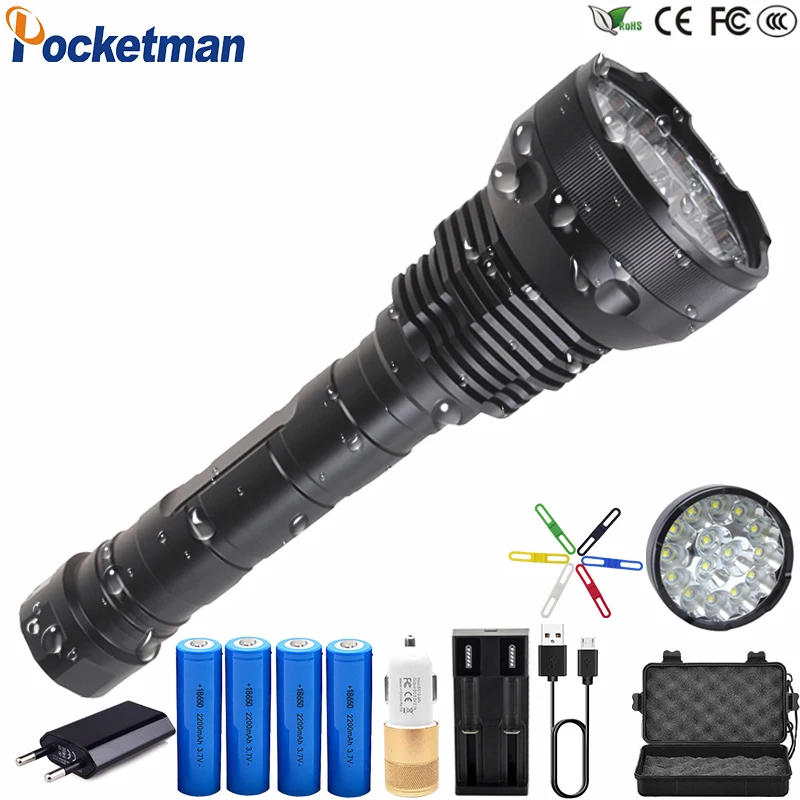 80000LM High Power LED Flashlight 8800mA Battery 15 x XM-T6 XHP50 5 Modes Lanterna led linternas Torch Waterproof 18650 26650 
80000LM High Power LED Flashlight 8800mA Battery 15 x XM-T6 XHP50 5 Modes Lanterna led linternas Torch Waterproof 18650 26650