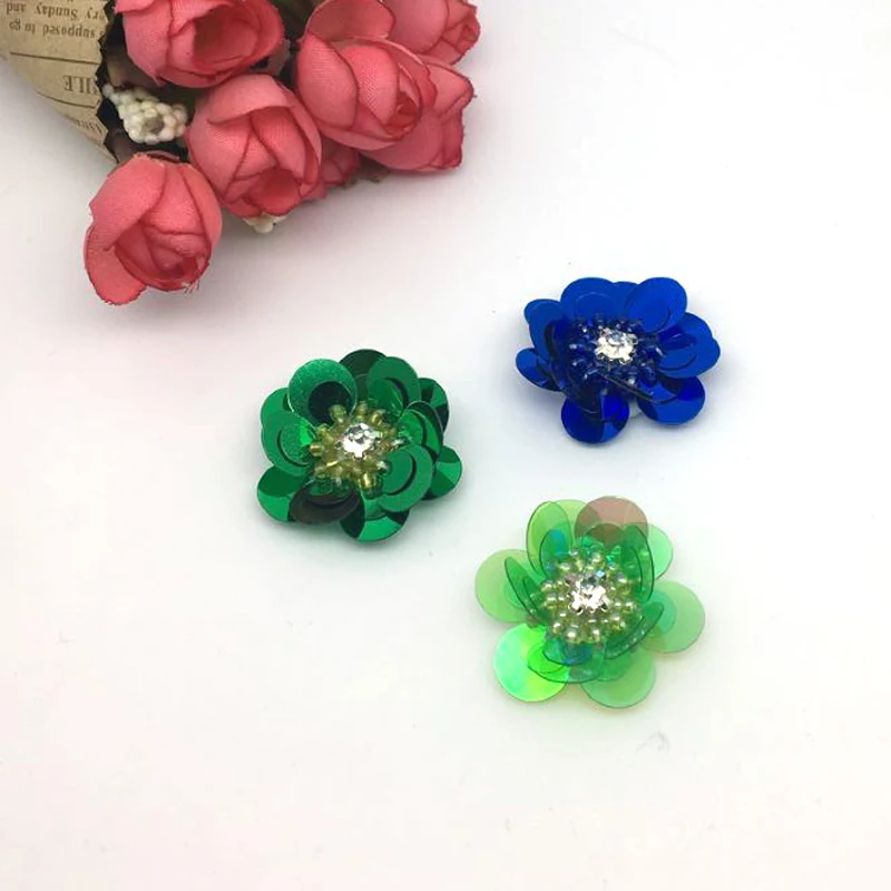 10PCS 3cm blue and green Sequins Beaded Flower Sew On Patch for Clothing Beading Applique Sweater Socks DIY Accessories | Украшения и