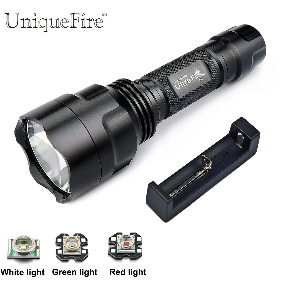 

UniqueFire Hot Sale Flashlight C8 XRE Led Zoom 3 Modes Green/White/Red Light Outdoor Lamp Torch+18650 Charger For Hiking Caving