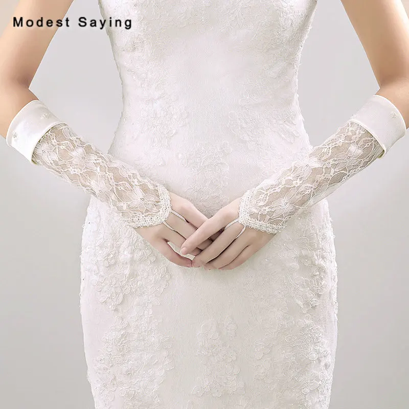 2 Pairs Fingerless Beaded Lace Wedding Gloves 2018 Opera Length Tulle Bridal Accessories detalles boda In Stock | Свадьбы и