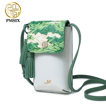 

Pmsix 2020 New designer brand famous in womens'bag Printed Crossbody bag Cow Leather fashion ladies Cellphone messenger bags