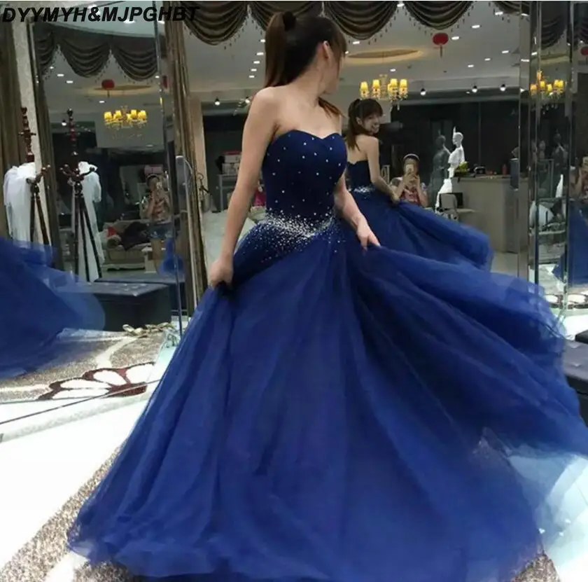 Brand New 2017 Free Shipping Royal Blue Beaded Sweetheart Tulle Sleeveless Robe De Soiree Pageant Prom Ball Gown Evening Party Dre_