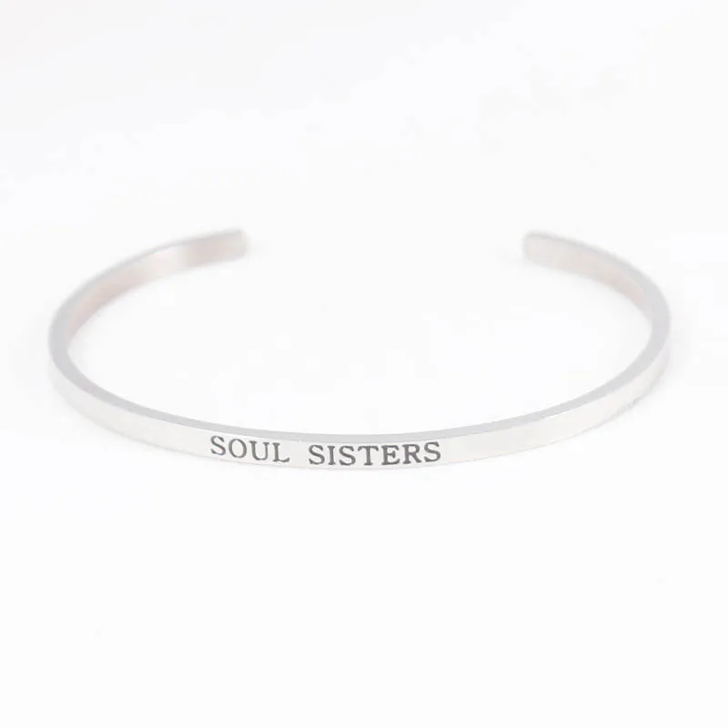 

3.2mm Stainless Steel Bangle Engraved Soul Sister Inspirational Quote Cuff Mantra Bracelet for Women