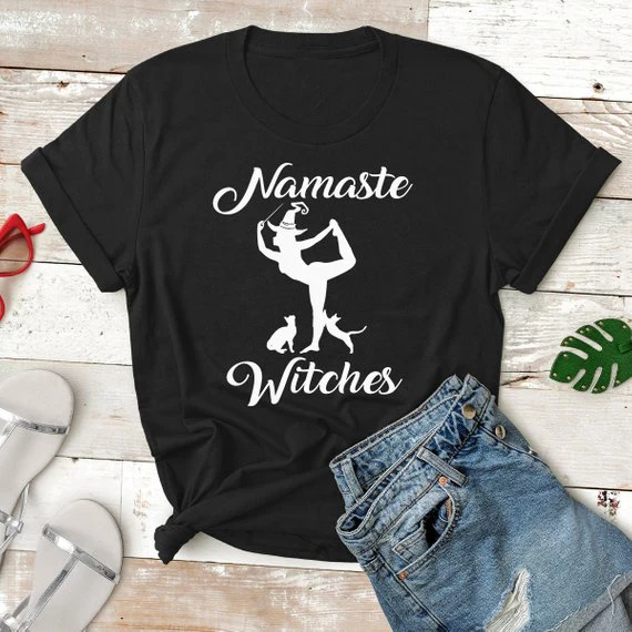 

Halloween Namaste Witches Shirt funny witch graphic women fashion vintage tees grunge tumblr cotton tops party gift style shirt