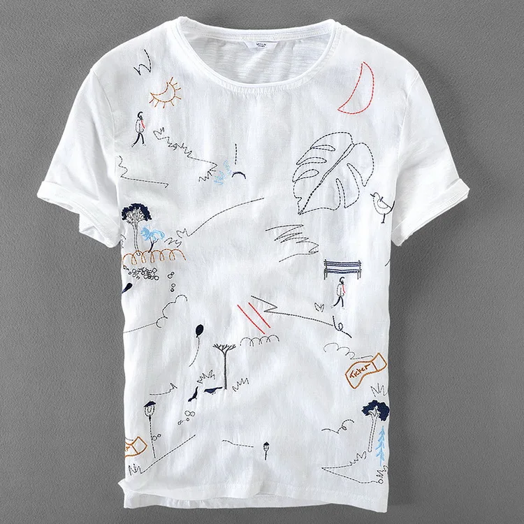 イタリアブランドのリネン半袖 Tシャツ男性カジュアルルーズ Tシャツメンズ漫画刺繍ステッチラウンドネック Tシャツ男性カミーサ Tシャツブランド ブランドtシャツ男性カジュアル Gooum