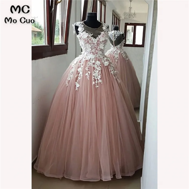 PINK ROUND NECK TULLE LACE APPLIQUE LONG PROM DRESS, PINK EVENING DRESS
