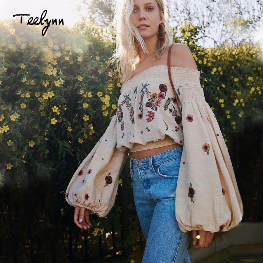 

TEELYNN short Boho blouse 2021 floral Embroidery sexy off shoulder summer crop top long sleeve chic women blouses Hippie blusas
