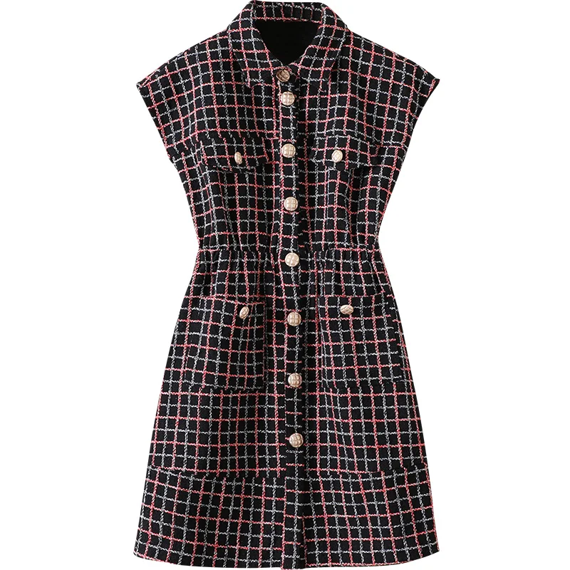 Women Plaid Tweed Dress Office Ladies Elegant Golden Single-Breasted Short Sleeve Elastic Waist Pocket A-Line Short Mini Dress
Women Plaid Tweed Dress Office Ladies Elegant Golden Single-Breasted Short Sleeve Elastic Waist Pocket A-Line Short Mini Dress