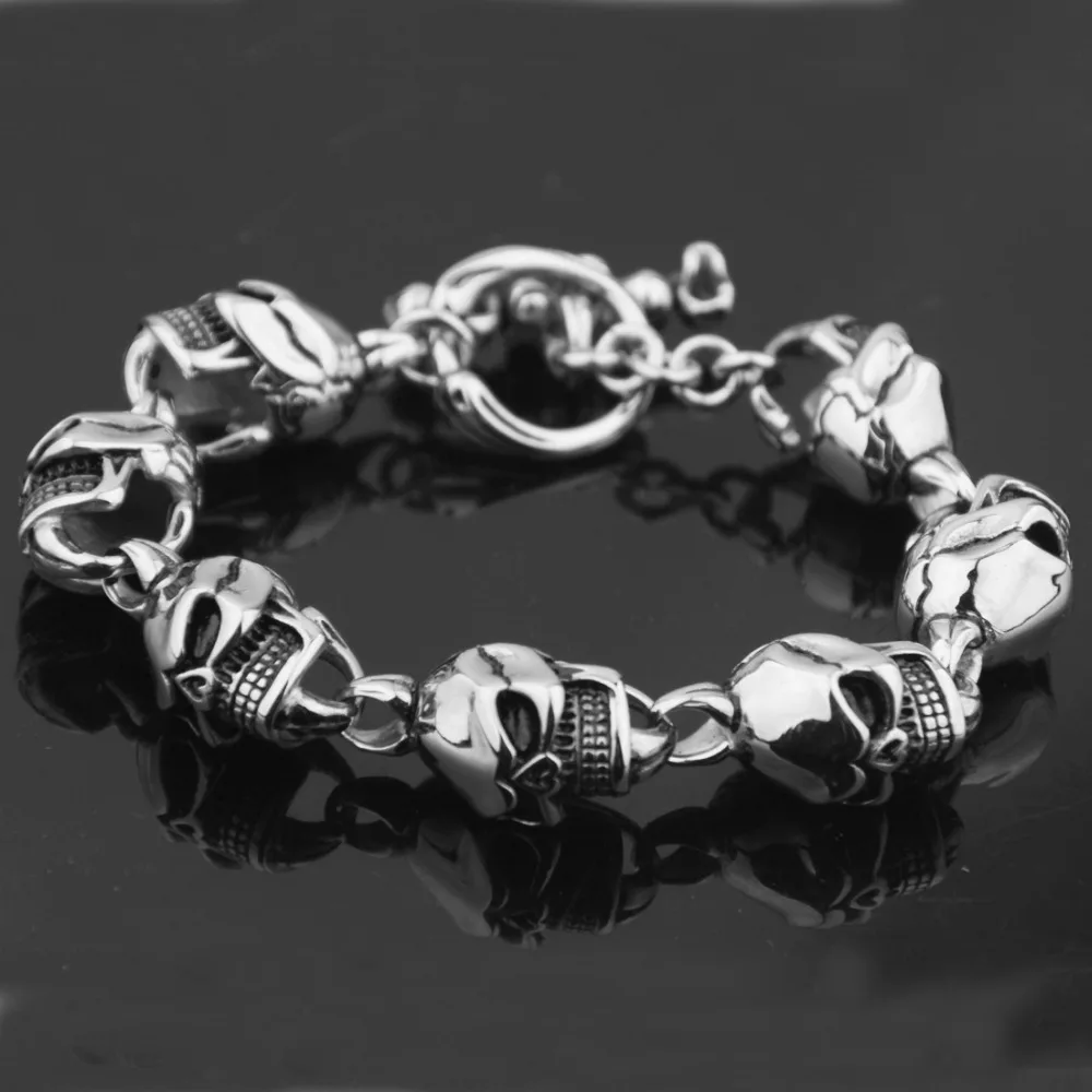 

15mm Hip-hop Stainless Steel Silver Color And Black Skeleton Skull Chain Biker Jewelry Men Bracelet Bangle 8.66"Fashion Gift 60G