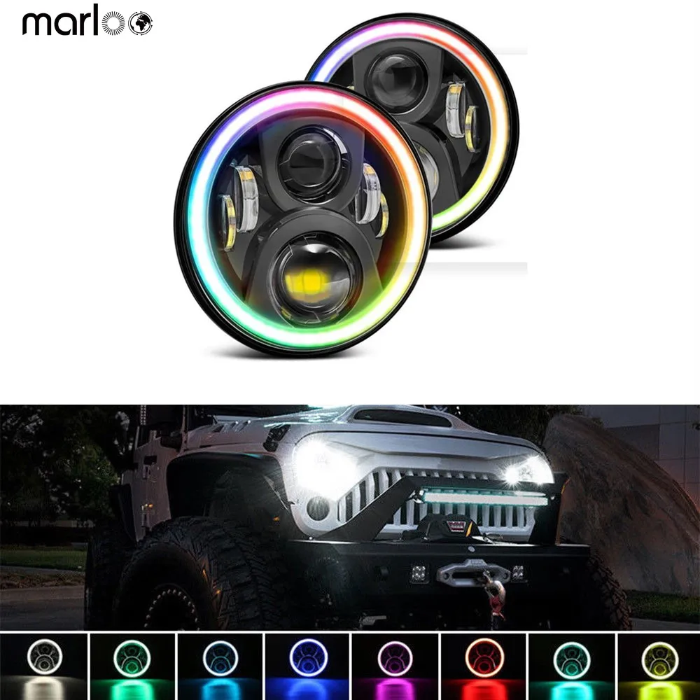 7 inch Round led Motorcycle headlight Hi//Low Beam With RGB Angel eye Bluetooth Controlled for Motorcycle Headlamp Black