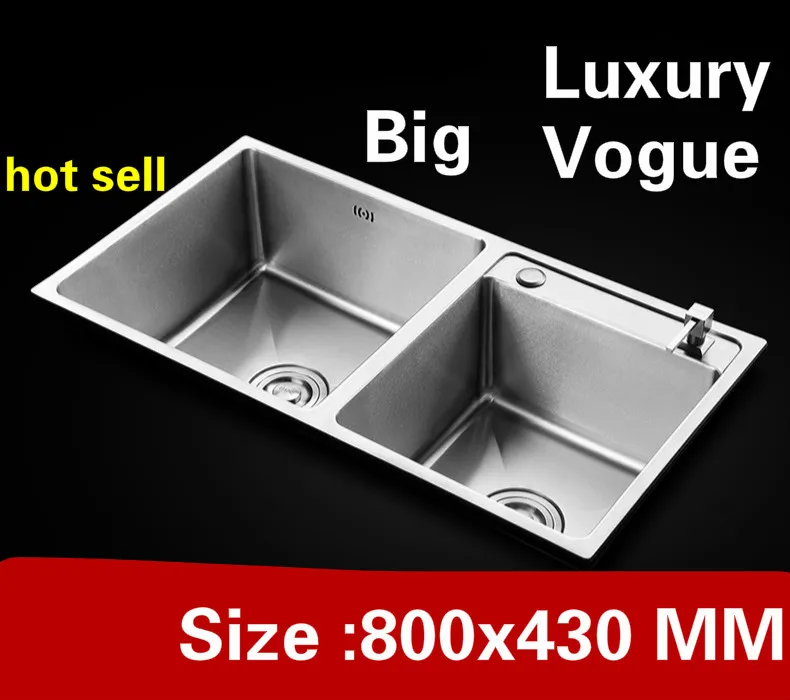 

Free shipping Apartment wash vegetables luxury big kitchen manual sink double groove 304 stainless steel hot sell 80x43 CM