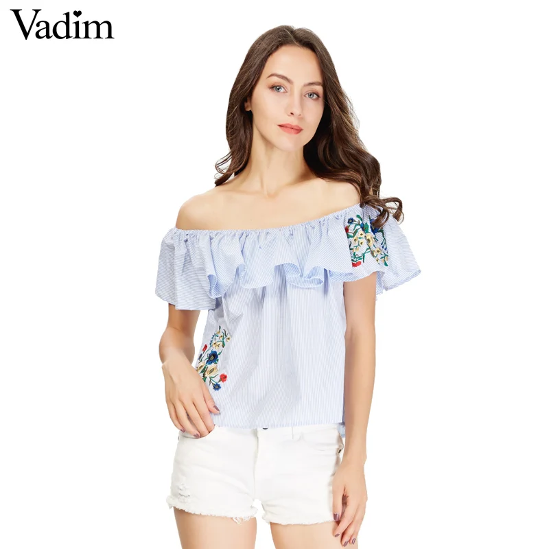 Vadim women sweet ruffles floral embroidery striped shirts off shoulder slash neck blouse summer cute casual tops blusas DT1142