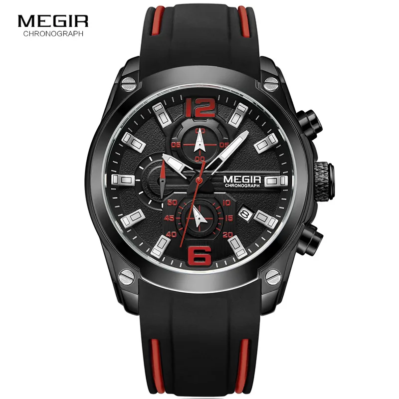 

Megir Mens Quartz Analogue Chronograph Watches Sport Military Silicone Bracelete Luminous Hands Date Indicator Wristwatch 2063G