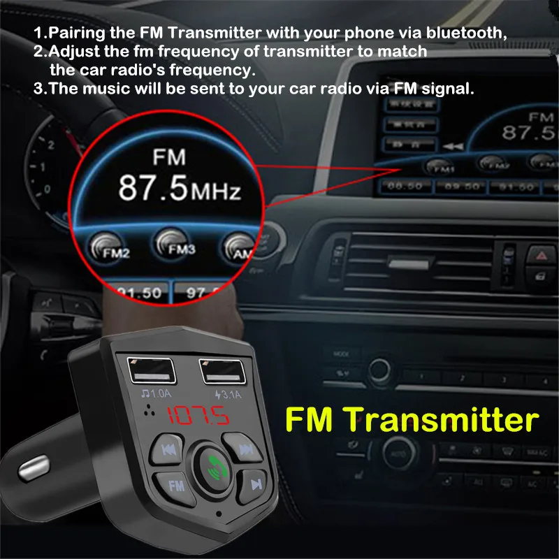 USB AUX FM Transmitter Bluetooth 5.0 Handsfree Car Kit 3.1A Quick Dual USB Charger LCD Digital Voltmeter TF Card Player 
USB AUX FM Transmitter Bluetooth 5.0 Handsfree Car Kit 3.1A Quick Dual USB Charger LCD Digital Voltmeter TF Card Player