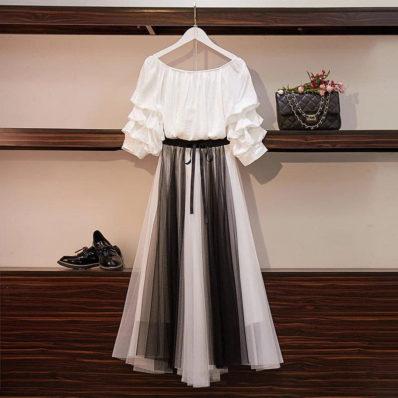 2 Piece Sets Outfits Womens 2019 Summer Short Sleeve Chiffon White Shirt and Mesh Skirt Mid-calf Slash Neck Off The Shoulder
2 Piece Sets Outfits Womens 2019 Summer Short Sleeve Chiffon White Shirt and Mesh Skirt Mid-calf Slash Neck Off The Shoulder