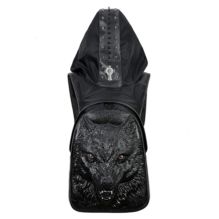 Fashion Personality Fierce wolf Embossing knife leather backpack rivets backpack with Hood cap apparel bag cross bags hiphop man Fashion Personality Fierce wolf Embossing knife leather backpack rivets backpack with Hood cap apparel bag cross bags hiphop man