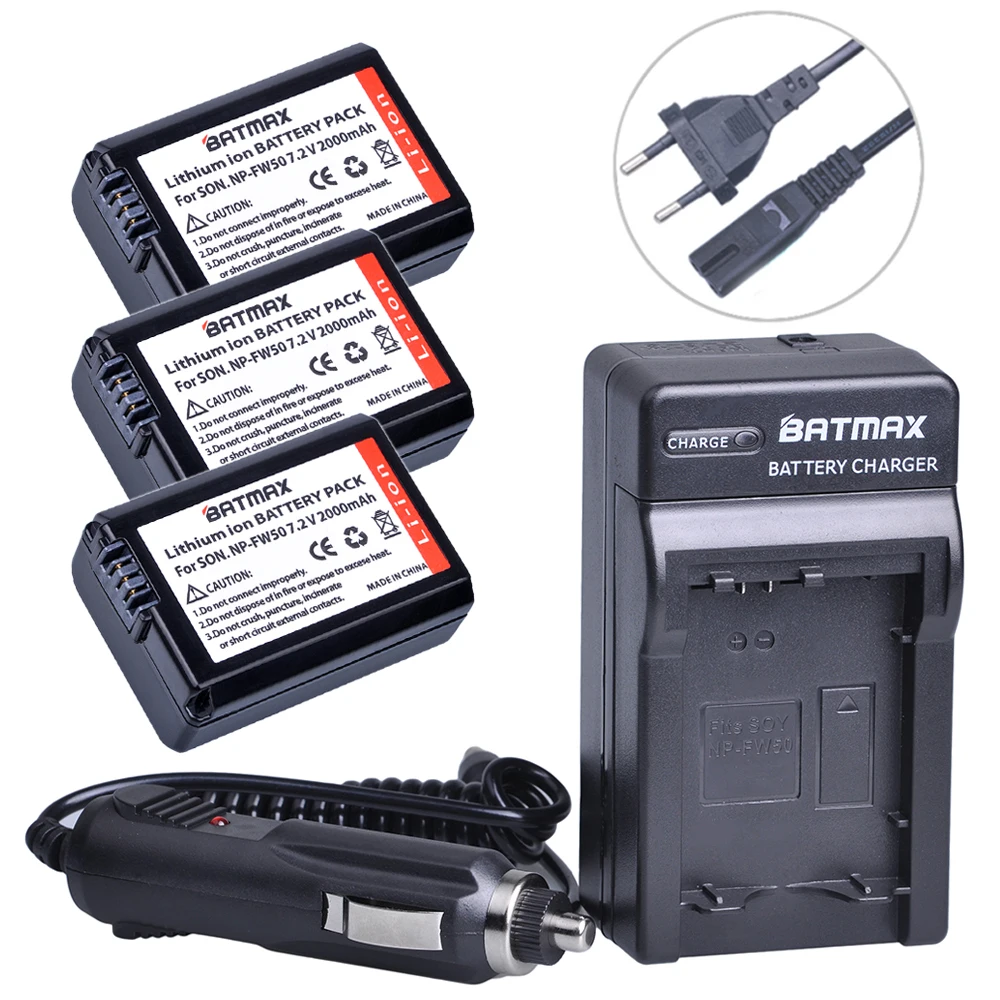 

Batmax 3Pcs NP-FW50 NP FW50 Battery + Digital Wall Charger for Sony Alpha a7, a7II, a7R, a7RII, a7S, a7SII, a5000, a5100, a6000