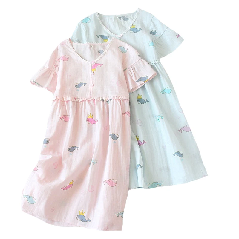 Summer Ladies Sweet Nightgown Cartoon Colorful Whale Printed Comfort Gauze Cotton Sleep Dress Women Comfort Round Neck Home wear
Summer Ladies Sweet Nightgown Cartoon Colorful Whale Printed Comfort Gauze Cotton Sleep Dress Women Comfort Round Neck Home wear