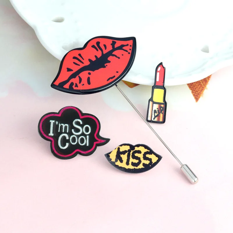 

I'm So Cool ! Sexy Red Lips Lipstick Acrylic Brooch Pin Fashion KISS Pins Button Shirt Denim Jackets Collar Badge Jewelry