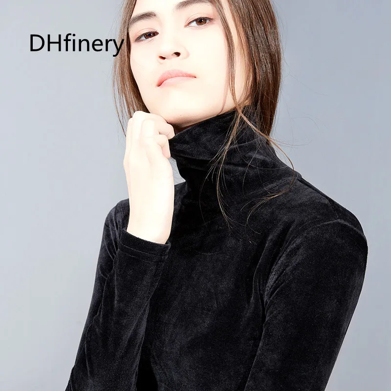 DHfinery/теплая футболка для женщин осенне-зимняя с высоким воротом и длинным