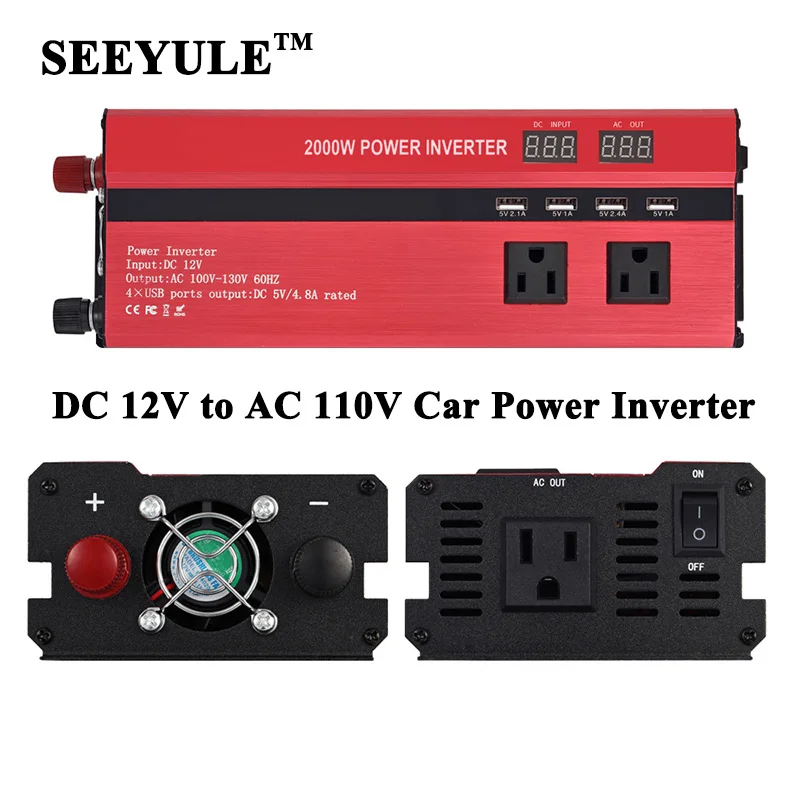 1pc SEEYULE 2000W DC 12V / 24V to AC 110V Car Power Inverter LED Display Adapter Converter 4 USB Charger for VW Audi BMW Tesla
1pc SEEYULE 2000W DC 12V / 24V to AC 110V Car Power Inverter LED Display Adapter Converter 4 USB Charger for VW Audi BMW Tesla