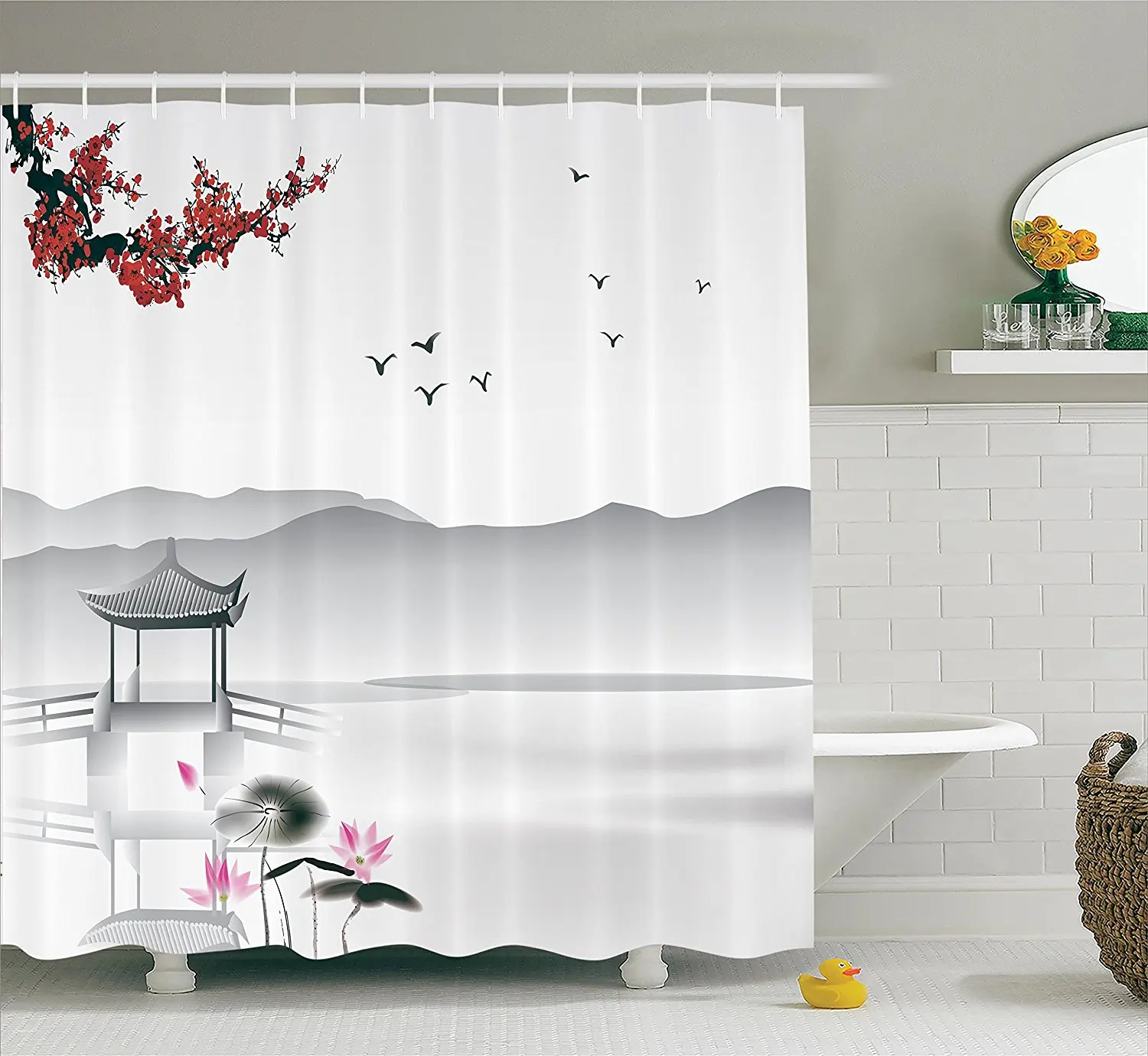 Japanese Asian Style Garden with Bird and Small Pavilion Over the Lake Lotus Waterlily, Polyester Fabric Bathroom Shower Curtain
Japanese Asian Style Garden with Bird and Small Pavilion Over the Lake Lotus Waterlily, Polyester Fabric Bathroom Shower Curtain