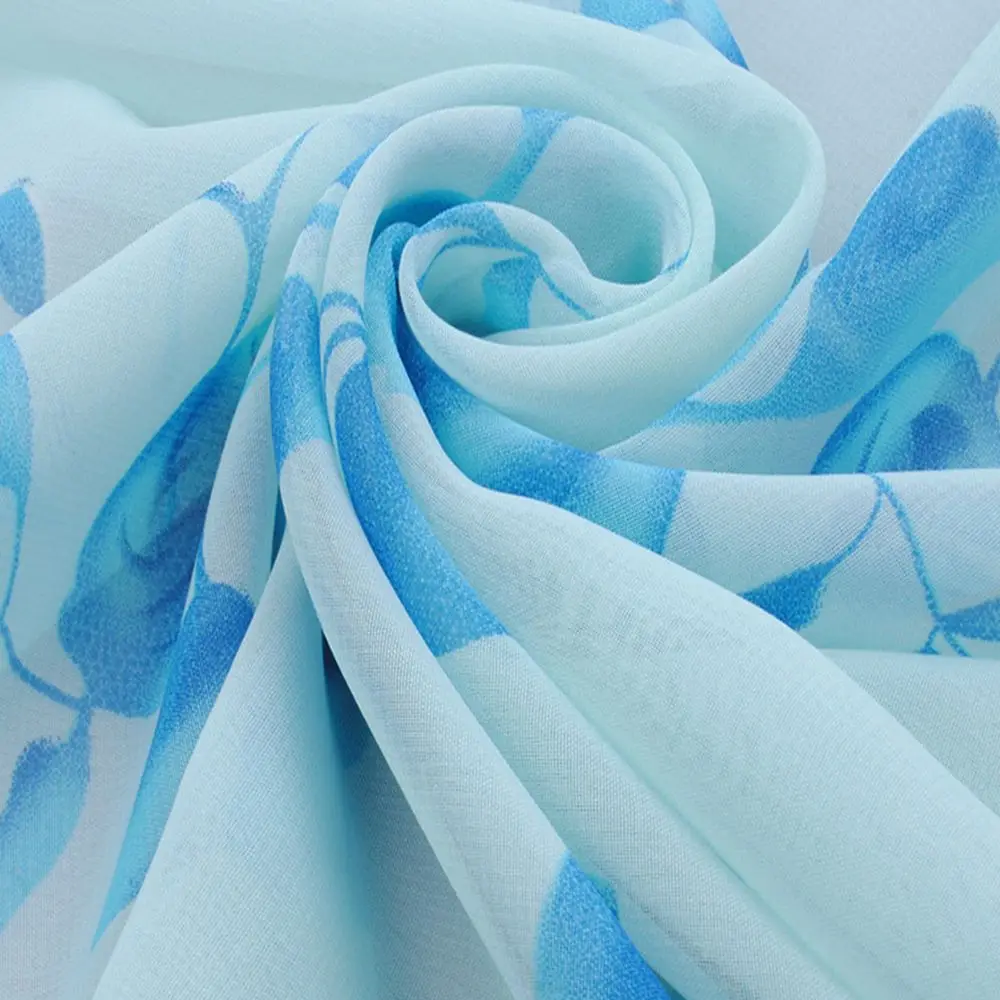 Длинный мягкий шарф 160*50 см белый синий шифон с цветочным принтом Женская одежда