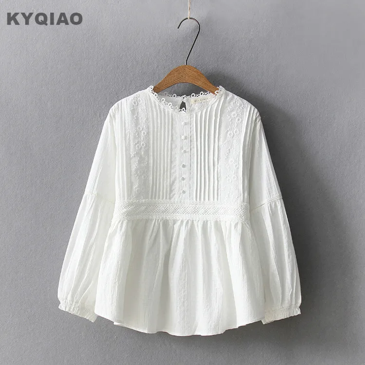 

KYQIAO White lace shirt 2019 mori girls spring autumn Japanese style fresh sweet o neck lace embroidery blouse blusa top