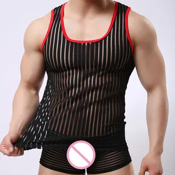 Sexy Underwear Gay Clothing Stripe Mesh Net Shirts Fashion Man Clothes Undershirts Vest Stripe See Through Tank Tops FX1022
Sexy Underwear Gay Clothing Stripe Mesh Net Shirts Fashion Man Clothes Undershirts Vest Stripe See Through Tank Tops FX1022