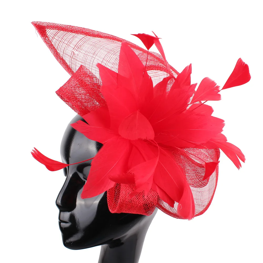 

Women red Sinamay Fascinators Hats millinery beautiful feather flower Black Female Kentucky Derby Church Wedding Party Headbands