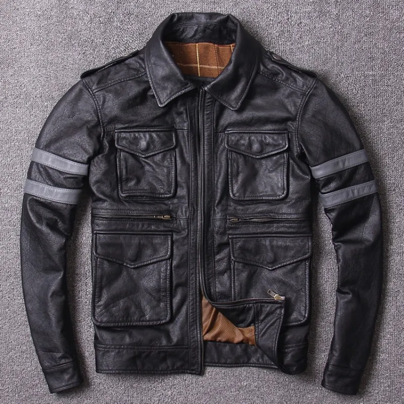 Safari Style Cow Genuine Leather Jacket Mens Pocket Turn-Down Collar Zipper Black Slim Fit Real Leather Jacket Fashion Clothes
Safari Style Cow Genuine Leather Jacket Mens Pocket Turn-Down Collar Zipper Black Slim Fit Real Leather Jacket Fashion Clothes
