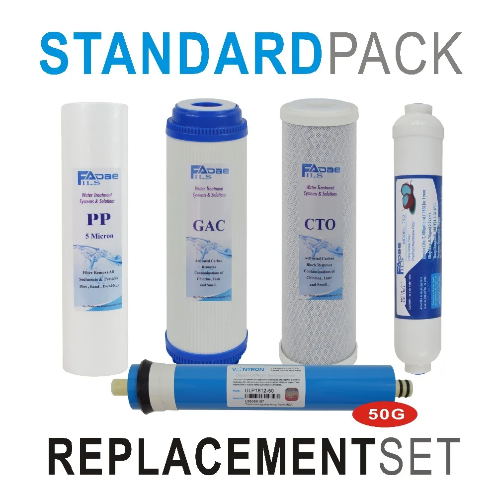 Reverse Osmosis System Replacement Filter kit 5 stage 10" PP+GAC+CTO+50G Vontron Membrane Elements+Inline Post GAC Filters
Reverse Osmosis System Replacement Filter kit 5 stage 10" PP+GAC+CTO+50G Vontron Membrane Elements+Inline Post GAC Filters