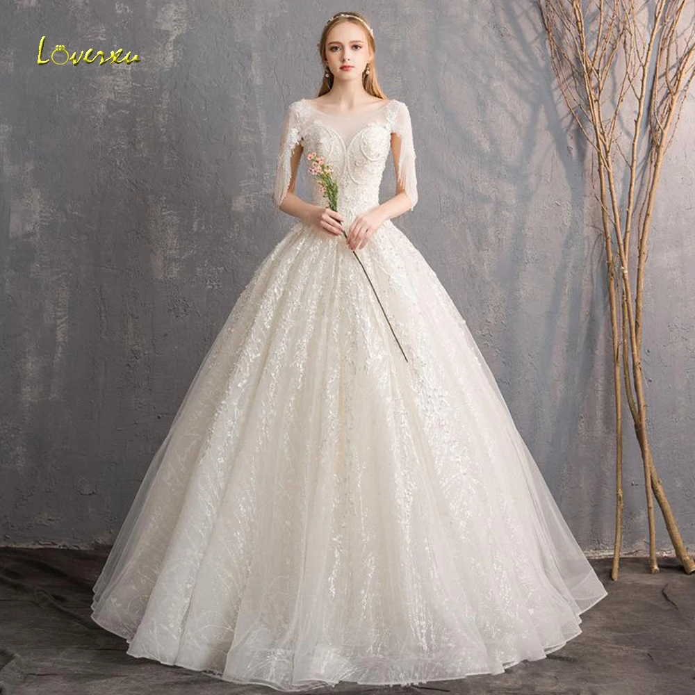 Loverxu Luxury O-Neck Ball Gown Wedding Dress 2019 Applique Beading Tassel Half Sleeve Bridal Sweep Train Lace | Свадьбы и торжества