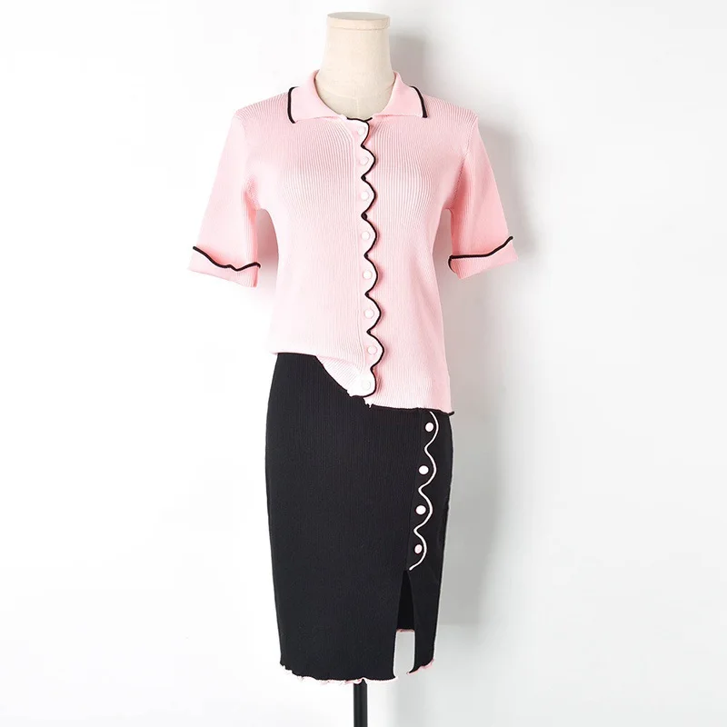 Knitted Two Piece Set Women Contrast Color Short Sleeves Turn-down Collar Knitted Cardigan+ Knee Length Slit Skirt Set
Knitted Two Piece Set Women Contrast Color Short Sleeves Turn-down Collar Knitted Cardigan+ Knee Length Slit Skirt Set
