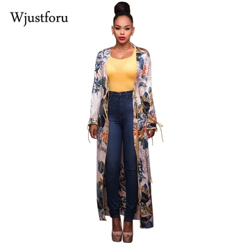 Wjustforu 2017 Fashion Women Chiffon Cloak Autumn 2017 Nylon Loose Long Sleeve Casual Printed Open Stitch Overalls