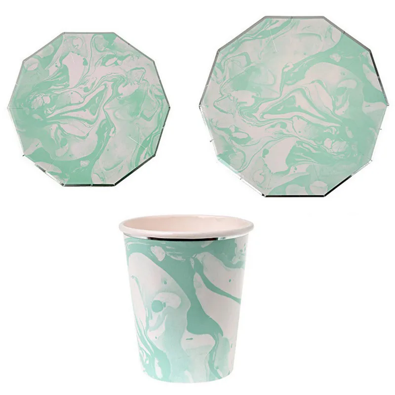 

Fresh Mint Green Halo Pattern Marble Disposable Tableware Set Paper Plates Cups Party Wedding Carnival Tableware Supplies